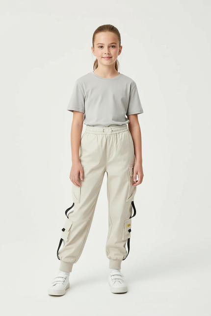 Pantalon Cargo Beige Multipoches Décontracté Fille - Toile
