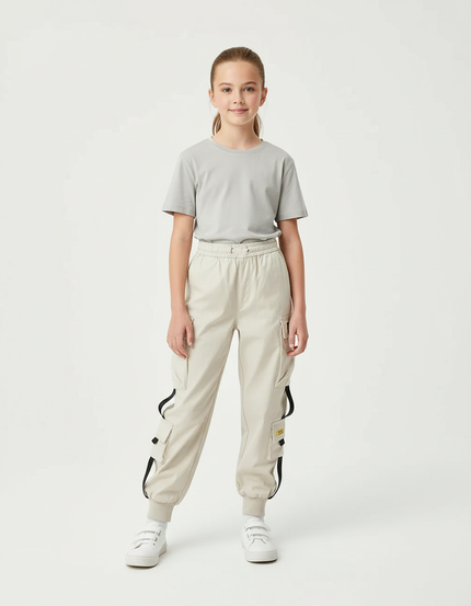 Pantalon Cargo Beige Multipoches Décontracté Fille - Toile