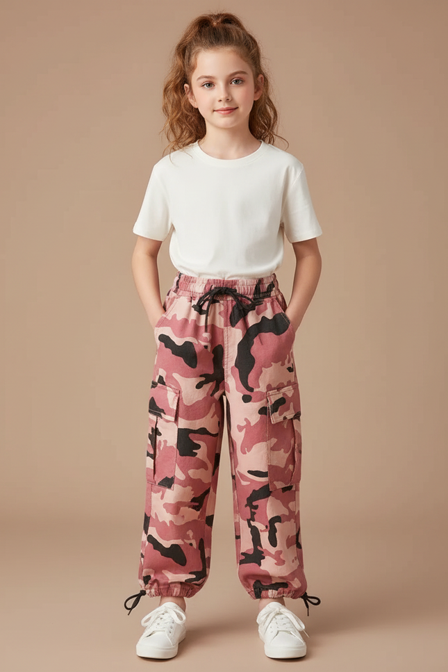 Pantalon Cargo Camouflage Rose Ample Enfant Fille - Toile