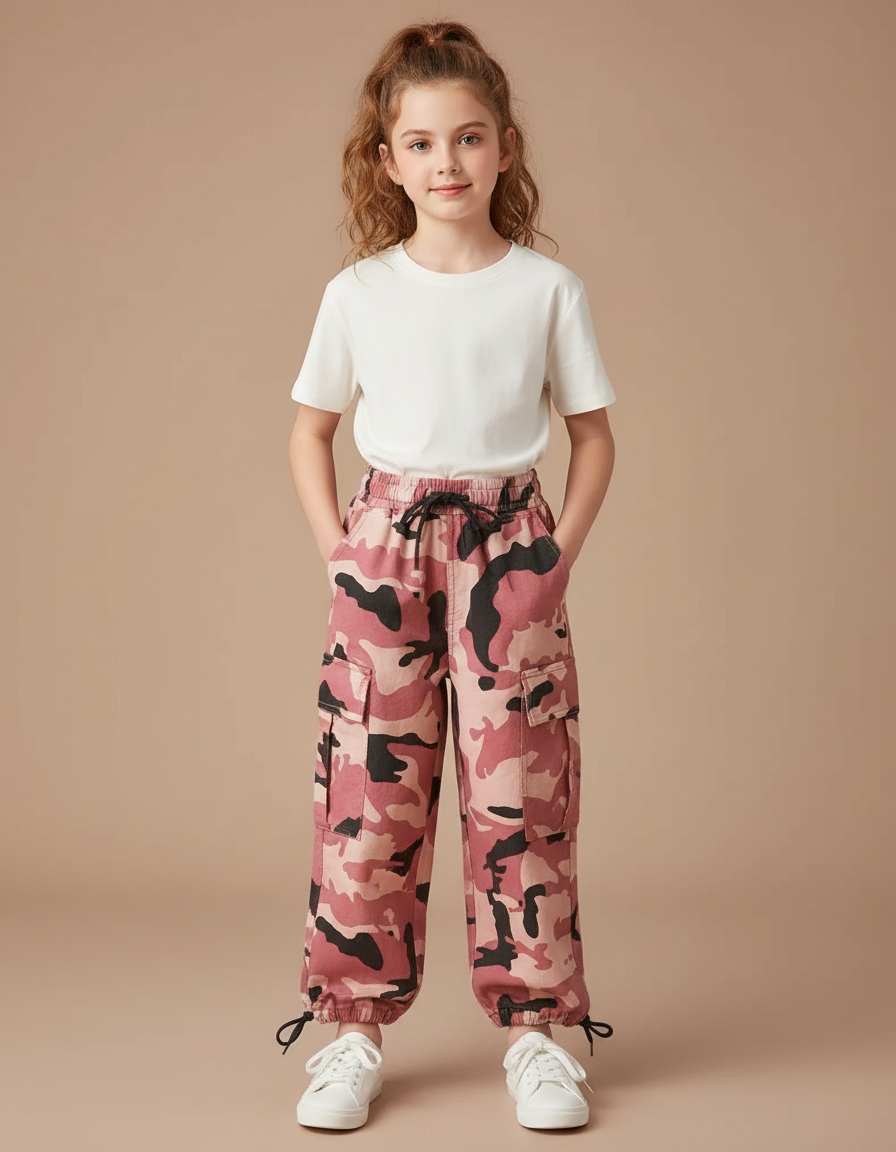 Pantalon Cargo Camouflage Rose Ample Enfant Fille - Toile