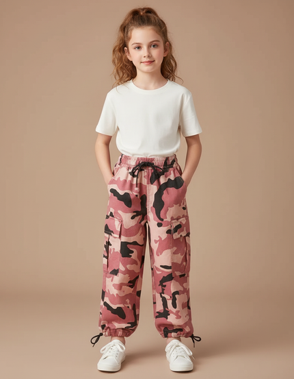 Pantalon Cargo Camouflage Rose Ample Enfant Fille - Toile