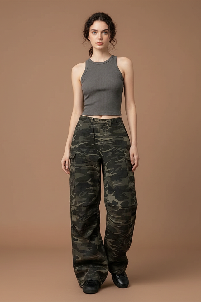 Pantalon Cargo Camouflage Ample Taille Basse Femme Y2K - Multicolore Toile