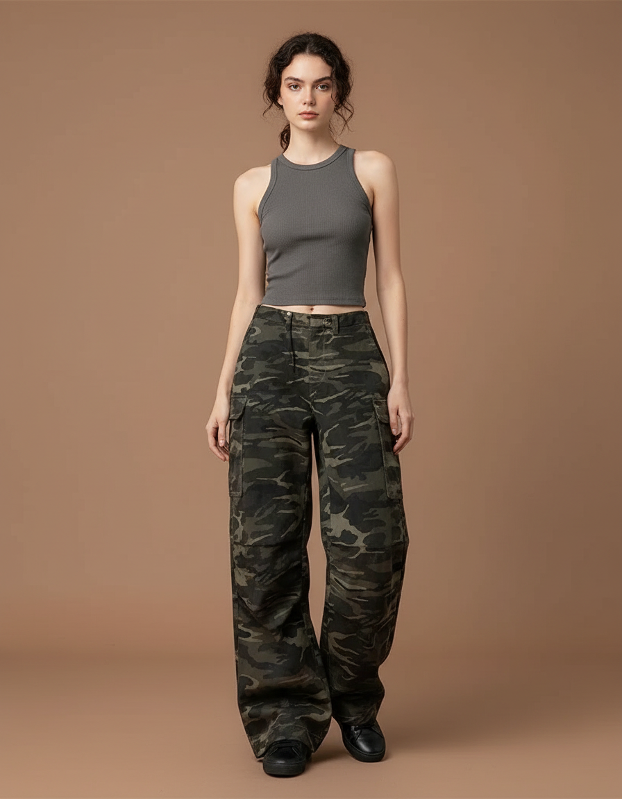 Pantalon Cargo Camouflage Ample Taille Basse Femme Y2K - Multicolore Toile