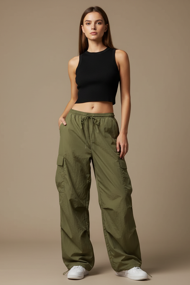 Pantalon Cargo Vert Fluide Ample Femme - Kaki Polyester
