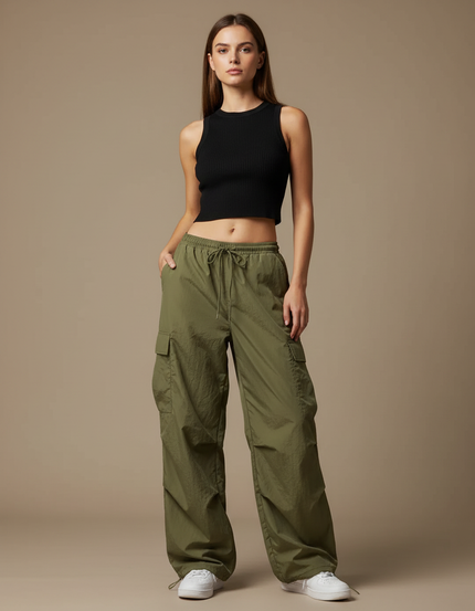 Pantalon Cargo Vert Fluide Ample Femme - Kaki Polyester