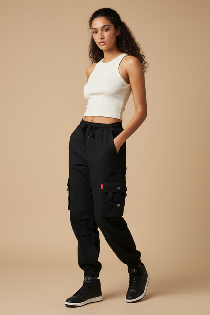 Pantalon Cargo Noir Coton Ample Jambes Resserrées