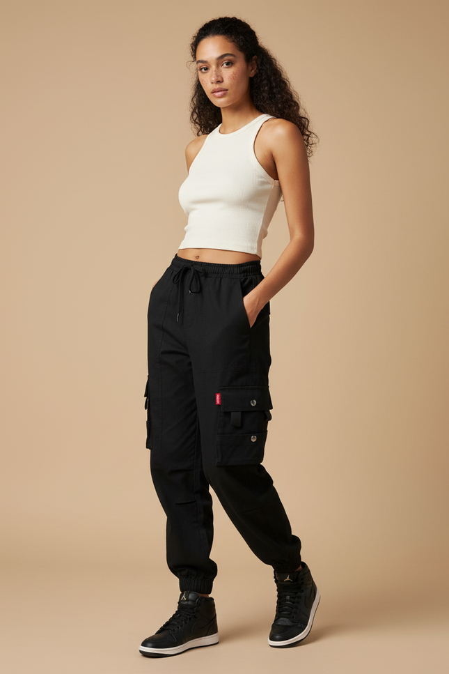 Pantalon Cargo Noir Coton Ample Jambes Resserrées