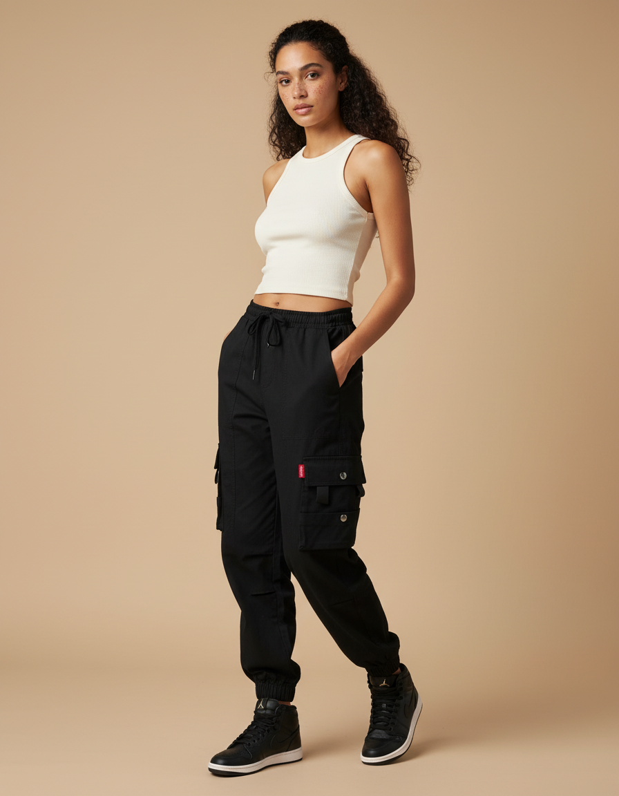 Pantalon Cargo Noir Coton Ample Jambes Resserrées