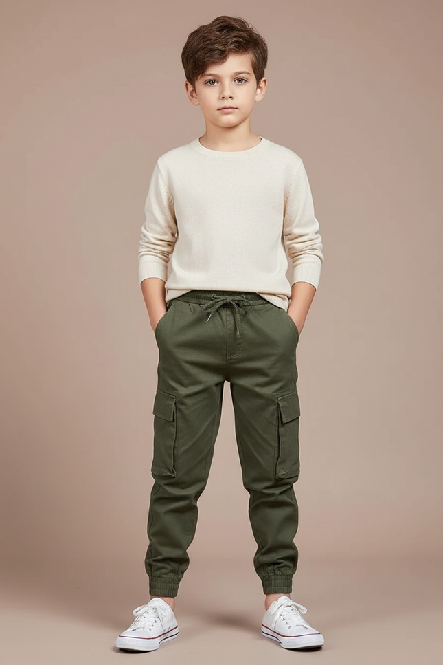 Pantalon Cargo Vert Olive Coton Multipoches Enfant - Kaki Toile