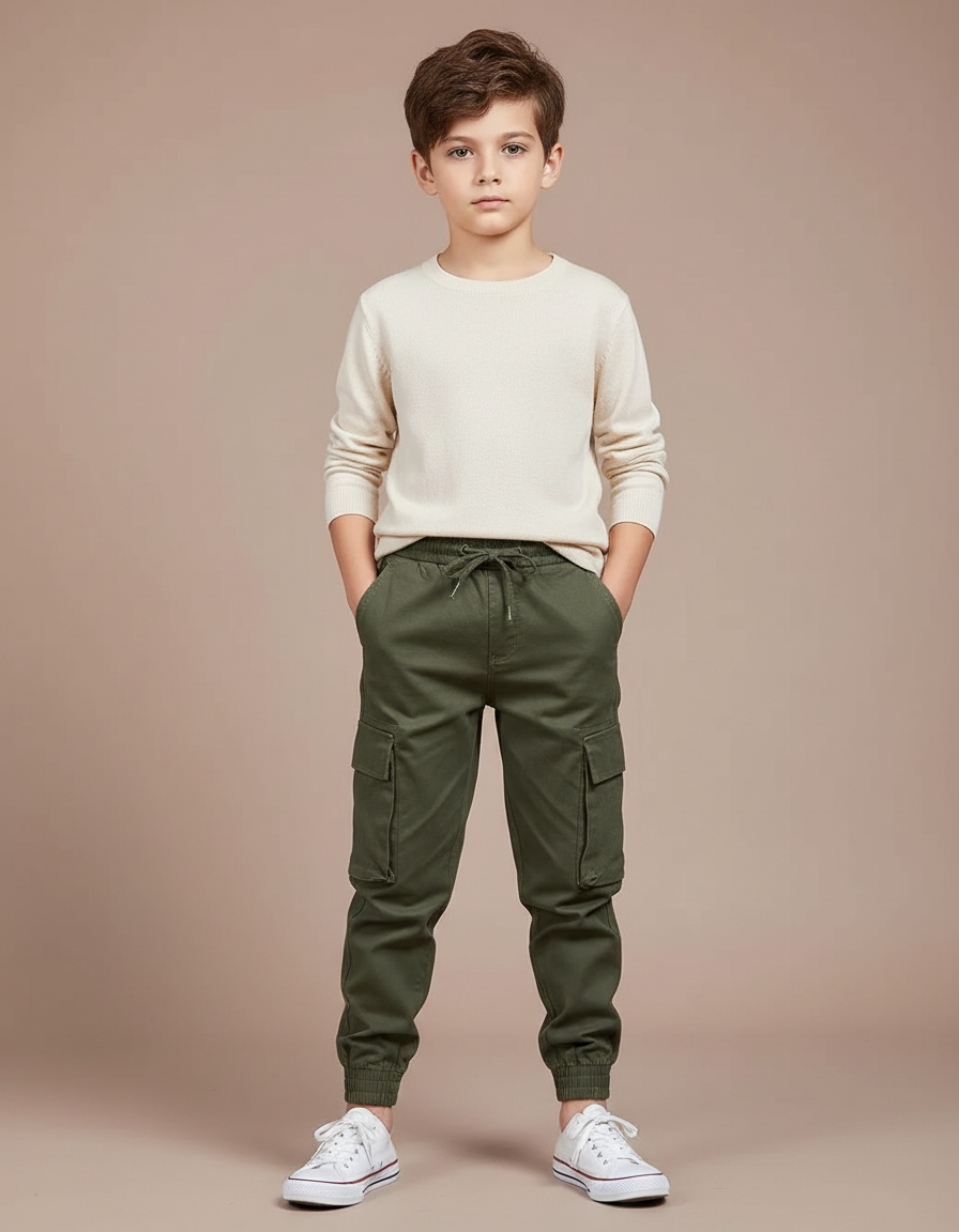 Pantalon Cargo Vert Olive Coton Multipoches Enfant - Kaki Toile
