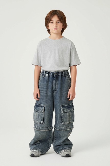 Pantalon Cargo Jean Ample Délavé Multipoches Enfant - Bleu