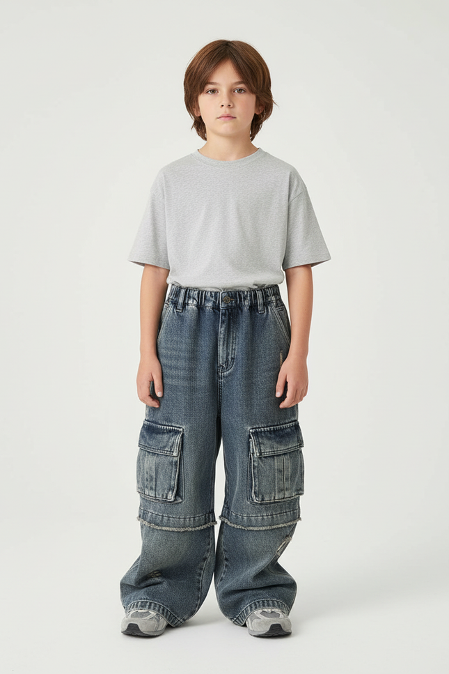 Pantalon Cargo Jean Ample Délavé Multipoches Enfant - Bleu