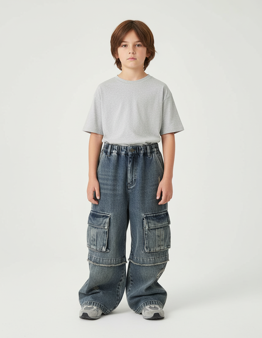 Pantalon Cargo Jean Ample Délavé Multipoches Enfant - Bleu