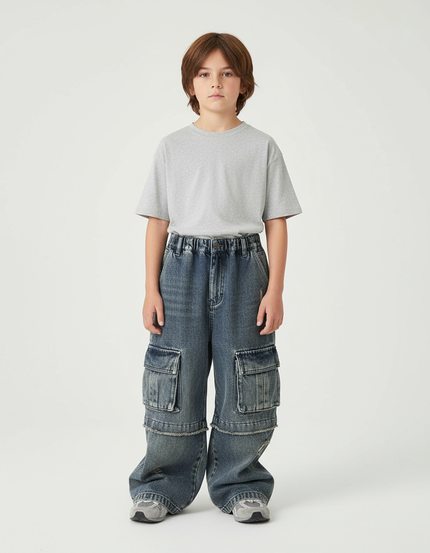 Pantalon Cargo Jean Ample Délavé Multipoches Enfant - Bleu