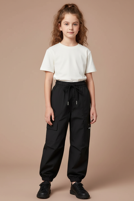 Pantalon Cargo Noir Ample Cordon Poches Fille - Polyester