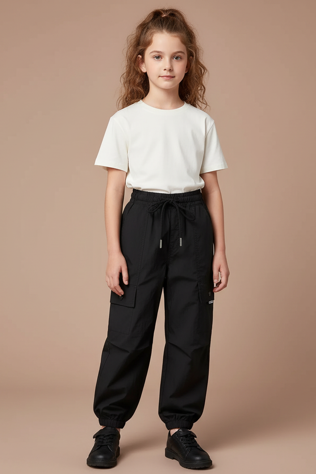Pantalon Cargo Noir Ample Cordon Poches Fille - Polyester