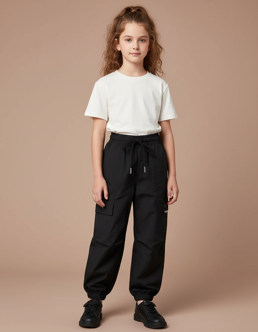 Pantalon Cargo Noir Ample Cordon Poches Fille - Polyester