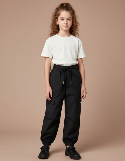 Pantalon Cargo Noir Ample Cordon Poches Fille - Polyester