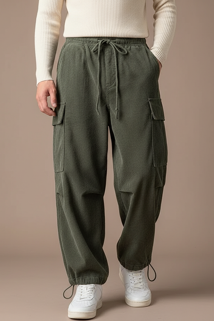Pantalon Cargo Vert Côtelé Ample Décontracté Cordon - Cordé