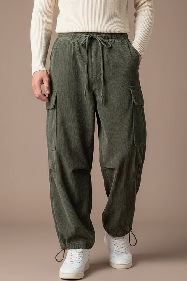 Pantalon Cargo Vert Côtelé Ample Décontracté Cordon - Cordé