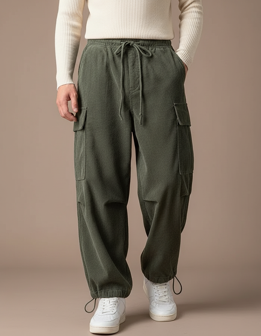 Pantalon Cargo Vert Côtelé Ample Décontracté Cordon - Cordé