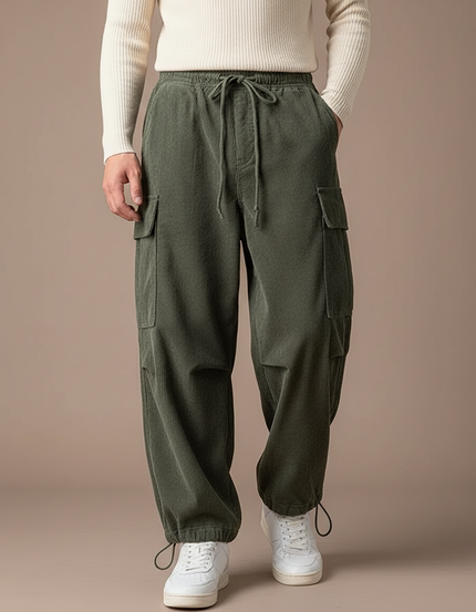 Pantalon Cargo Vert Côtelé Ample Décontracté Cordon - Cordé