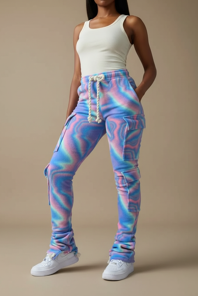 Pantalon Cargo Tie-Dye Fluide Multipoches Cordon Femme - Multicolore Molleton