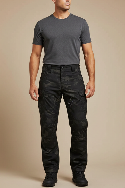 Pantalon Cargo Noir Camouflage Tactique Multipoches Homme - Polyester