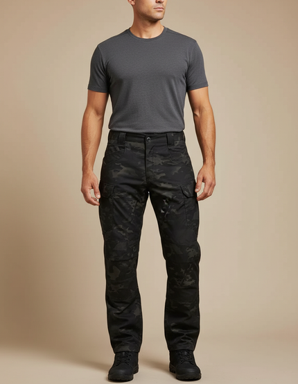Pantalon Cargo Noir Camouflage Tactique Multipoches Homme - Polyester