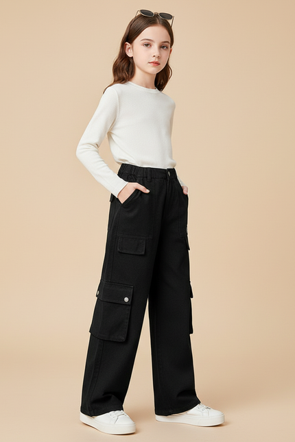Pantalon Cargo Noir Ample Multipoches Enfant Fille - Toile