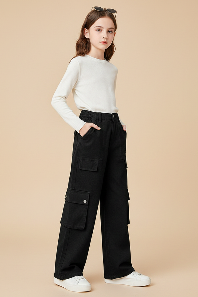 Pantalon Cargo Noir Ample Multipoches Enfant Fille - Toile