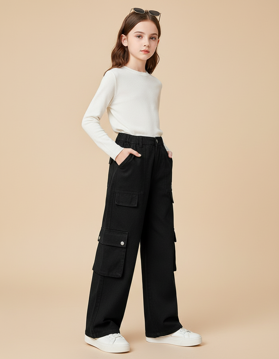 Pantalon Cargo Noir Ample Multipoches Enfant Fille - Toile