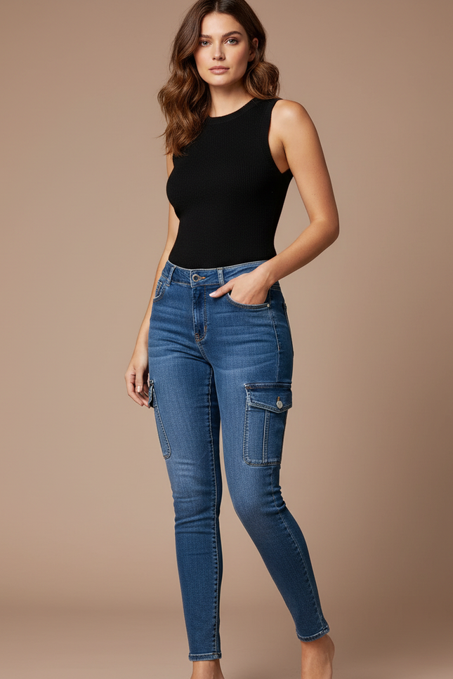 Pantalon Cargo Jean Bleu Skinny Multipoches Femme