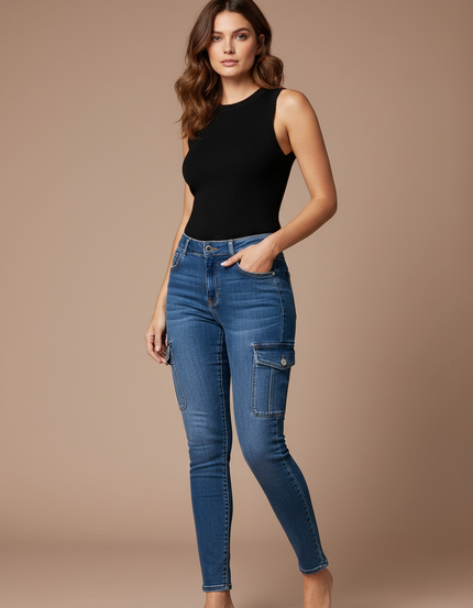 Pantalon Cargo Jean Bleu Skinny Multipoches Femme