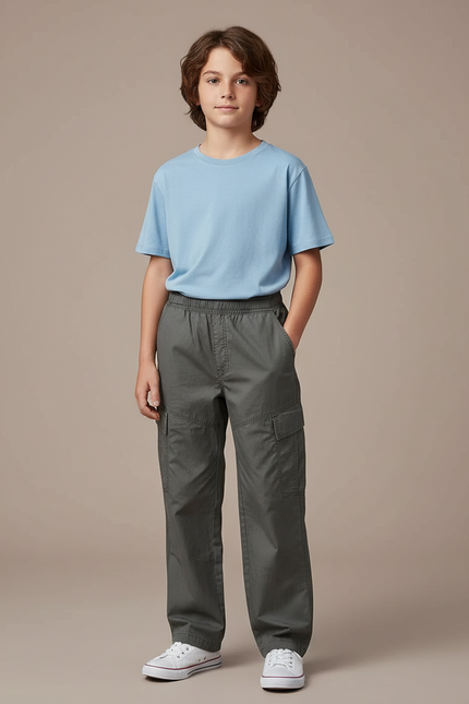 Pantalon Cargo Gris Ample Coton Multipoches Garçon - Toile