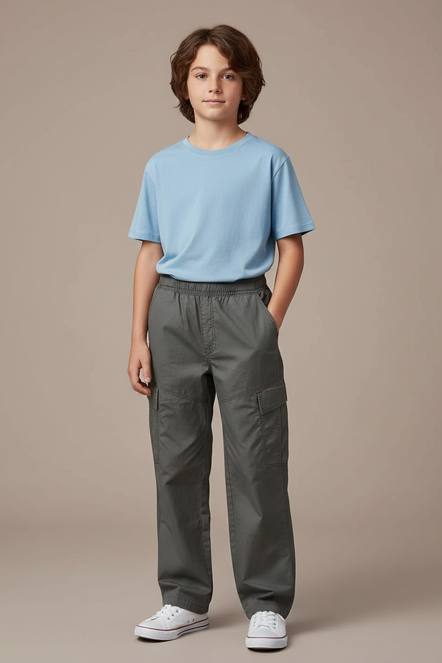 Pantalon Cargo Gris Ample Coton Multipoches Garçon - Toile