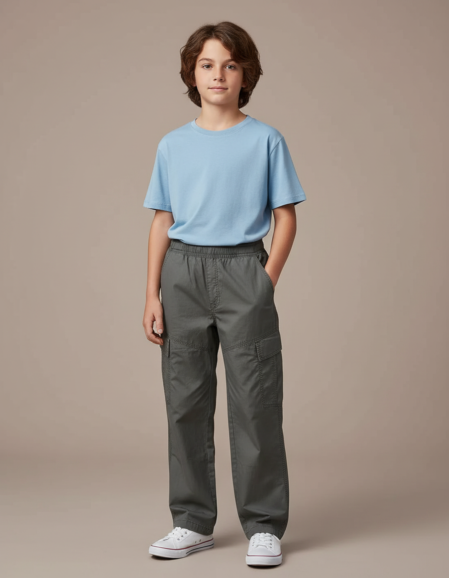 Pantalon Cargo Gris Ample Coton Multipoches Garçon - Toile