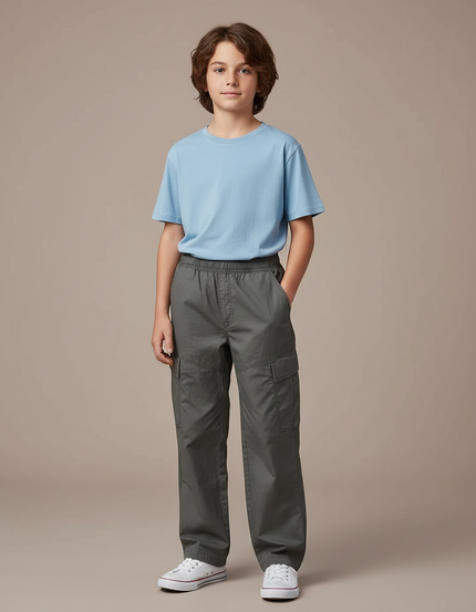 Pantalon Cargo Gris Ample Coton Multipoches Garçon - Toile