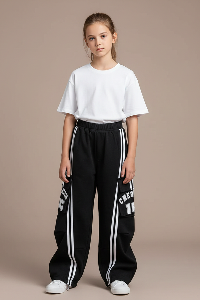 Pantalon Cargo Noir Rayures Blanches Large Fille - Molleton