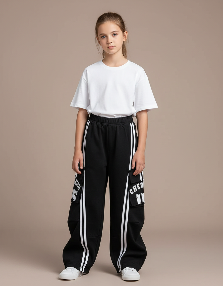 Pantalon Cargo Noir Rayures Blanches Large Fille - Molleton