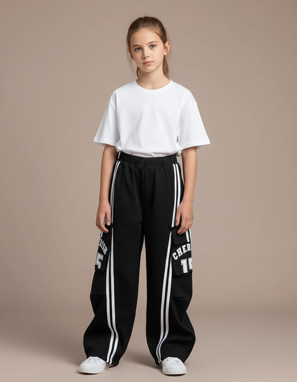 Pantalon Cargo Noir Rayures Blanches Large Fille - Molleton