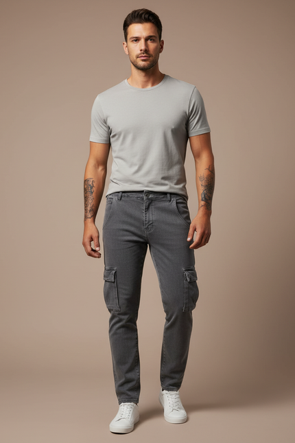 Pantalon Cargo Gris Slim Denim Multipoches Homme - Jean