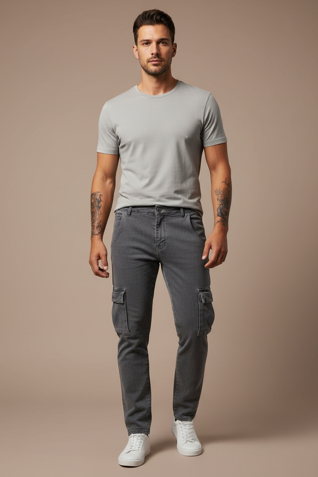 Pantalon Cargo Gris Slim Denim Multipoches Homme - Jean