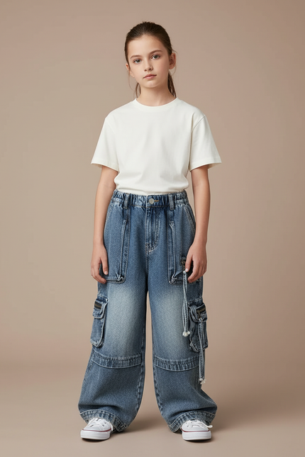 Pantalon Cargo Jean Ample Multipoches Délavé Enfant - Bleu