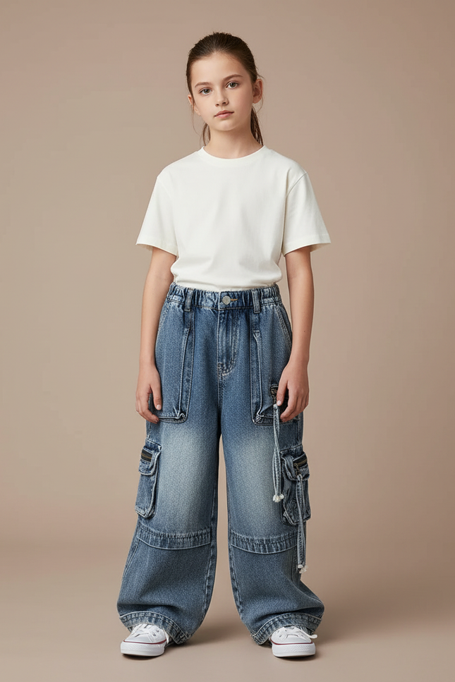 Pantalon Cargo Jean Ample Multipoches Délavé Enfant - Bleu