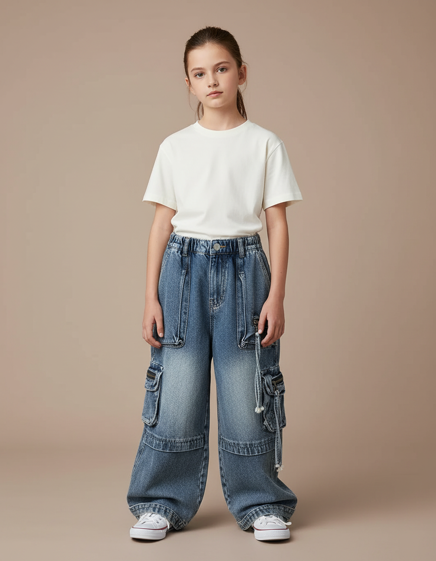 Pantalon Cargo Jean Ample Multipoches Délavé Enfant - Bleu