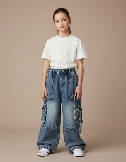 Pantalon Cargo Jean Ample Multipoches Délavé Enfant - Bleu