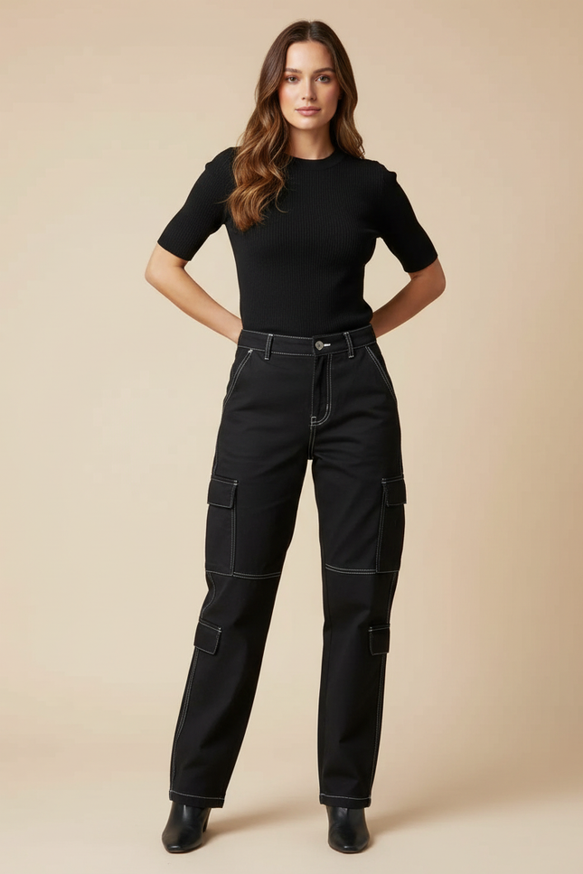 Pantalon Cargo Noir Décontracté Multipoches Surpiqûres Blanches - Toile