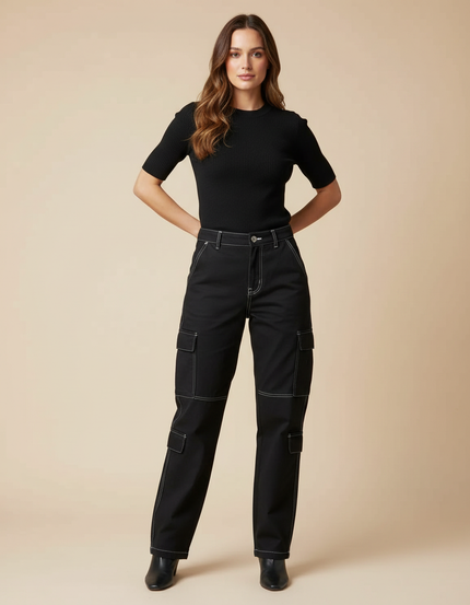 Pantalon Cargo Noir Décontracté Multipoches Surpiqûres Blanches - Toile