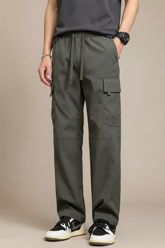 Pantalon Cargo Homme Vert Ample Multipoches Cordon - Kaki Polyester